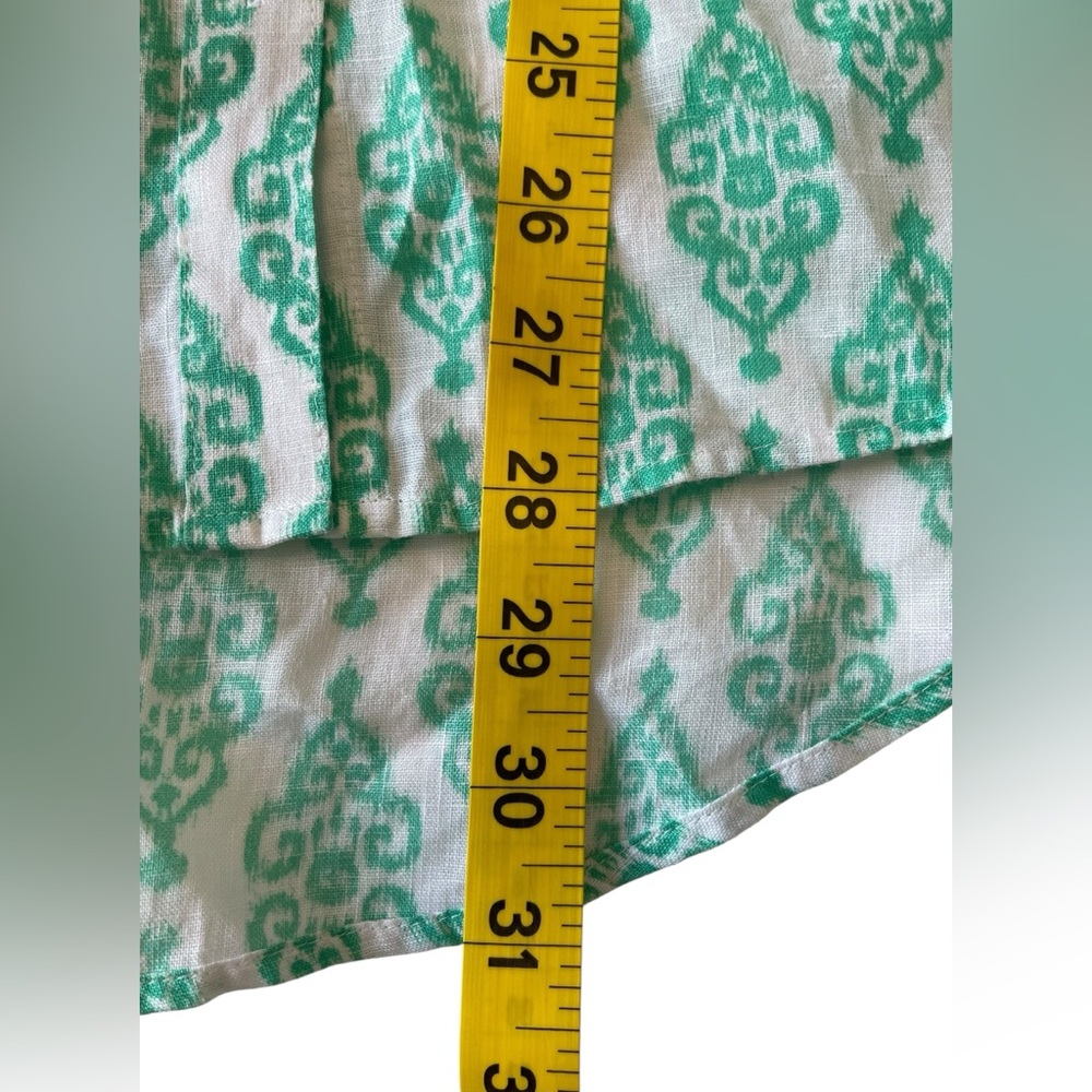 Chicos Women’s Linen Size Large Ikat Buttondown Top No Iron Green Boho 3/4 Slv - Picture 8 of 9